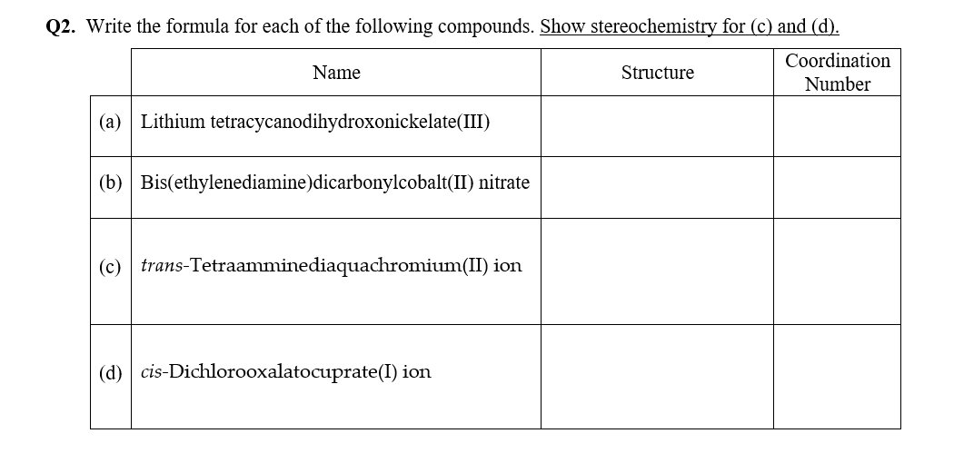 Solved Q2. Write the formula for each of the following | Chegg.com