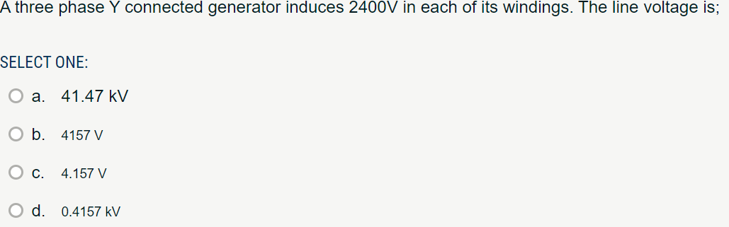 Solved A three phase Y connected generator induces 2400 V in | Chegg.com