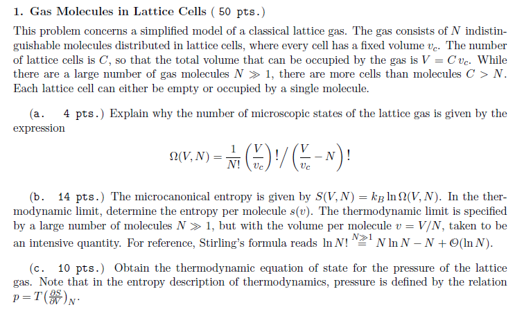 Solved 1. Gas Molecules in Lattice Cells ( 50 pts.) This | Chegg.com