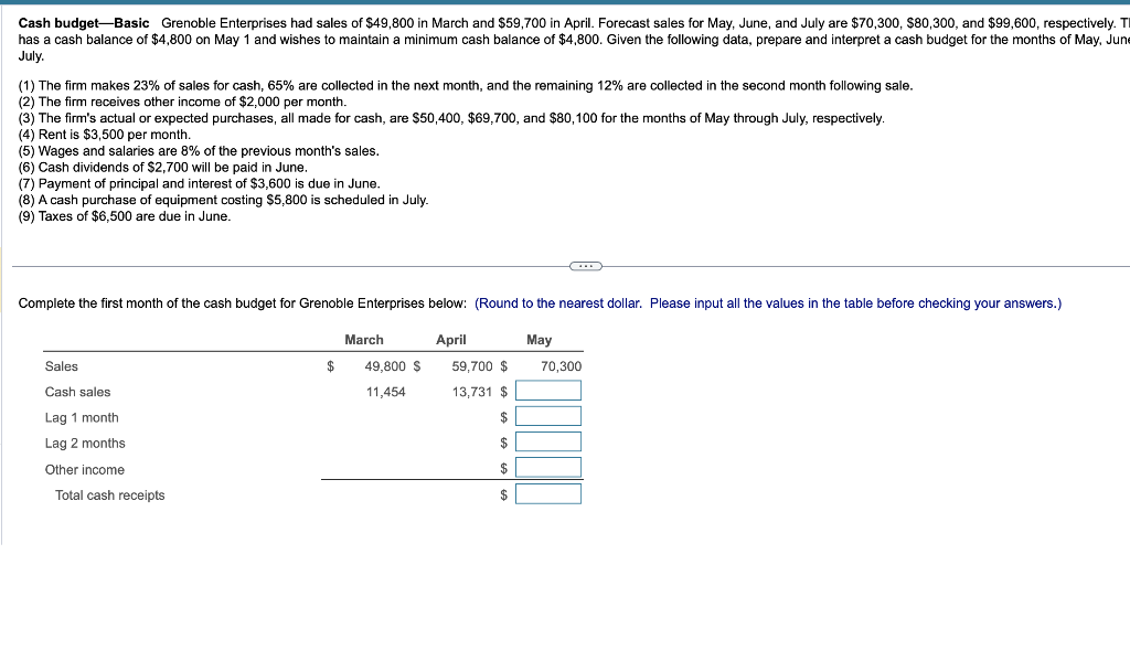 Solved Cash budget-Basic Grenoble Enterprises had sales of | Chegg.com