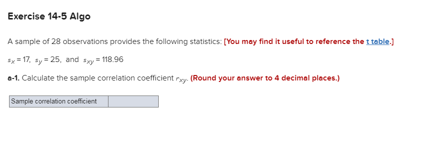 Solved Exercise 14-5 Algo A sample of 28 observations | Chegg.com
