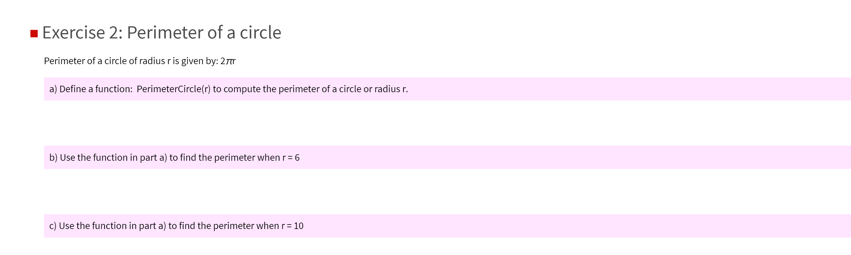 Solved . Exercise 2: Perimeter of a circle Perimeter of a | Chegg.com
