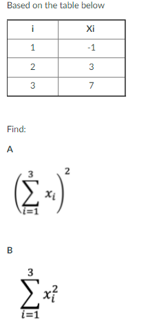 Solved Based on the table below i Xi 1 -1 2 3 3 7 Find: : A | Chegg.com