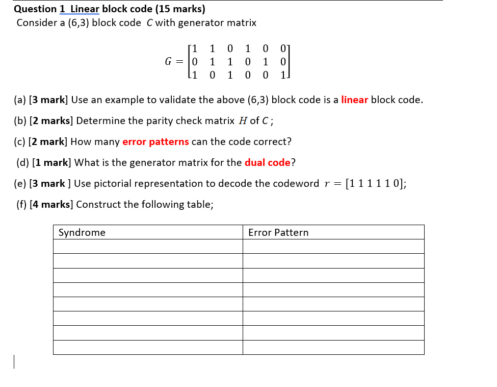 Solved Question 1 Linear block code (15 marks) Consider a | Chegg.com