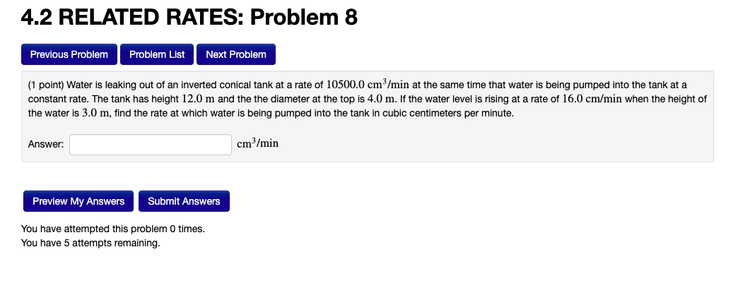 Solved 4.2 RELATED RATES: Problem 8 Previous Problem Problem | Chegg.com