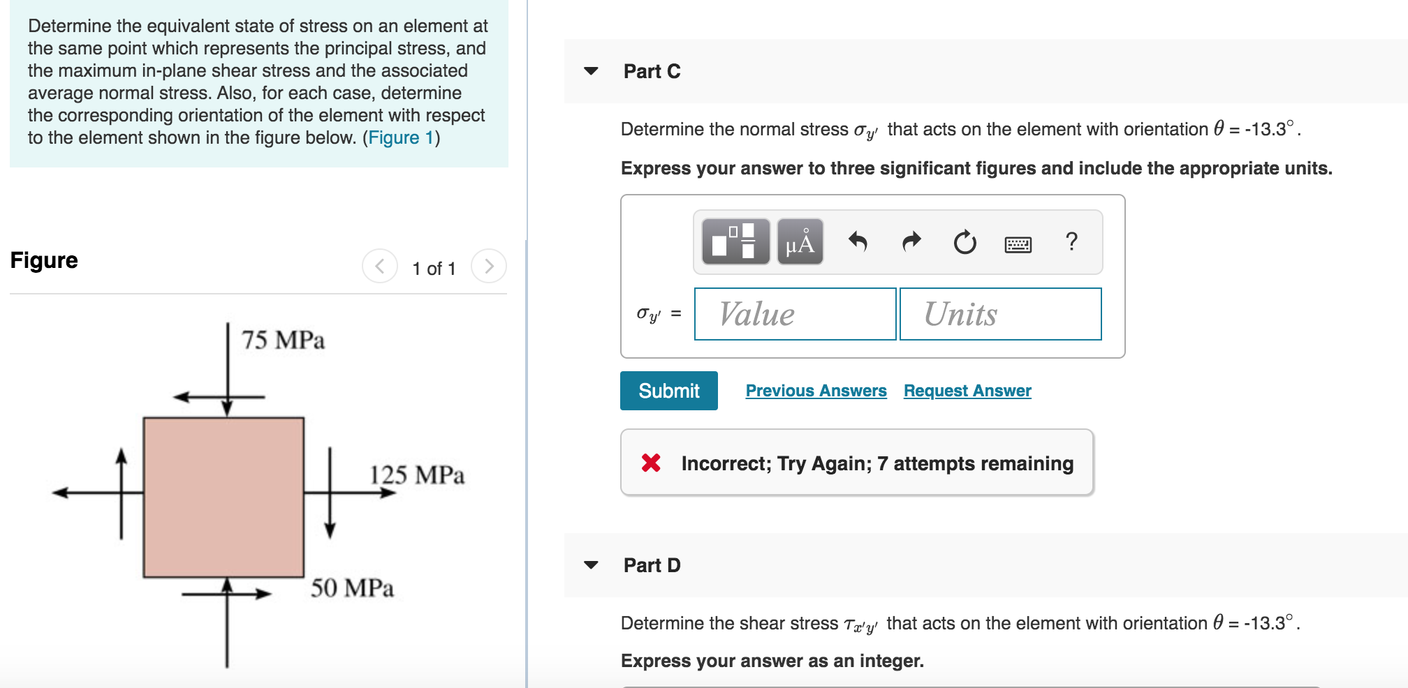 Solved Part C Determine the equivalent state of stress on an | Chegg.com