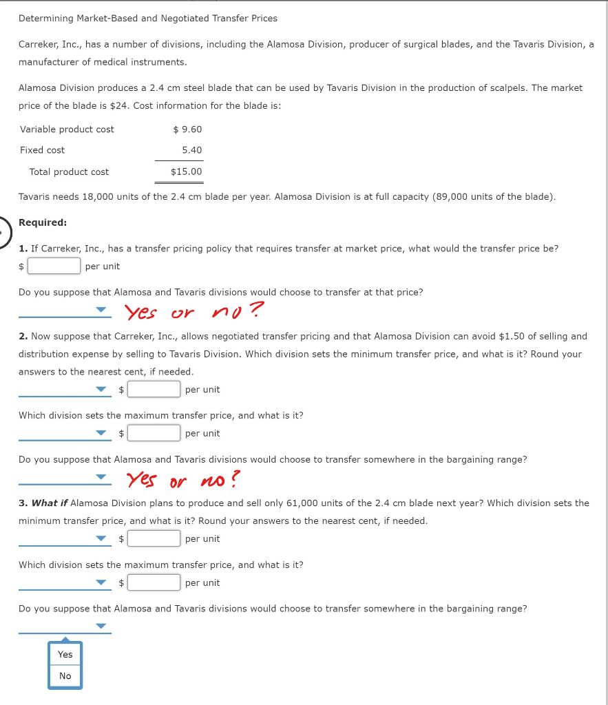 Solved Determining MarketBased and Negotiated Transfer