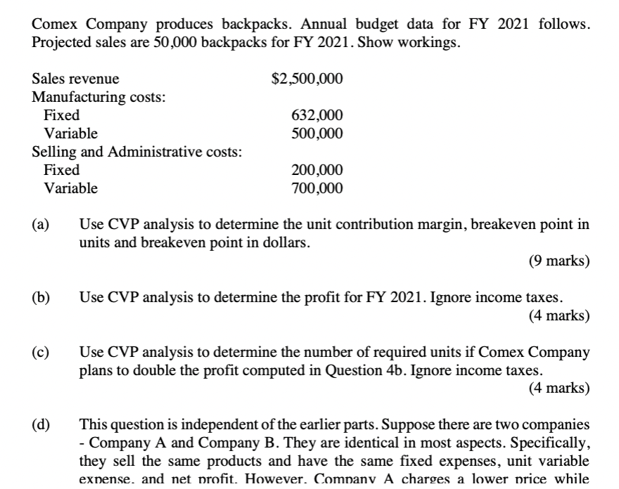 Solved Comex Company produces backpacks. Annual budget data 