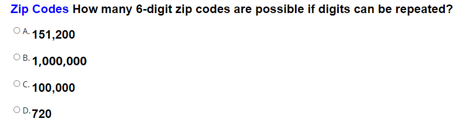 Solved Zip Codes How many 6-digit zip codes are possible if | Chegg.com