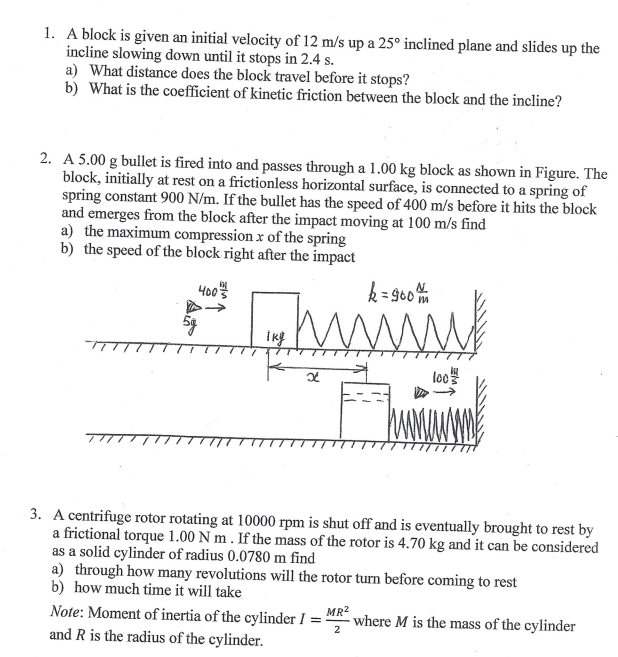 Solved 1. A block is given an initial velocity of 12 m/s up | Chegg.com