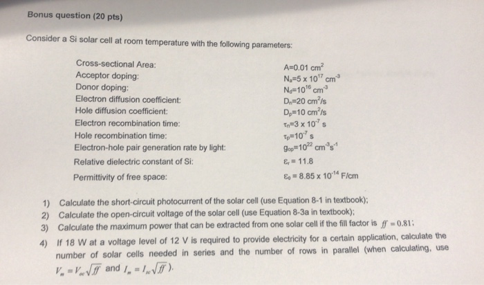 Solved Bonus question (20 pts) Consider a Si solar cell at | Chegg.com