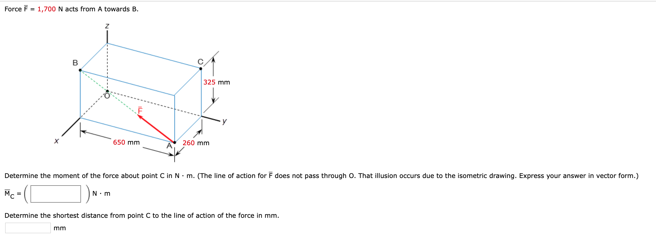 Solved Force Ē = 1,700 N acts from A towards B. 325 mm CEO | Chegg.com
