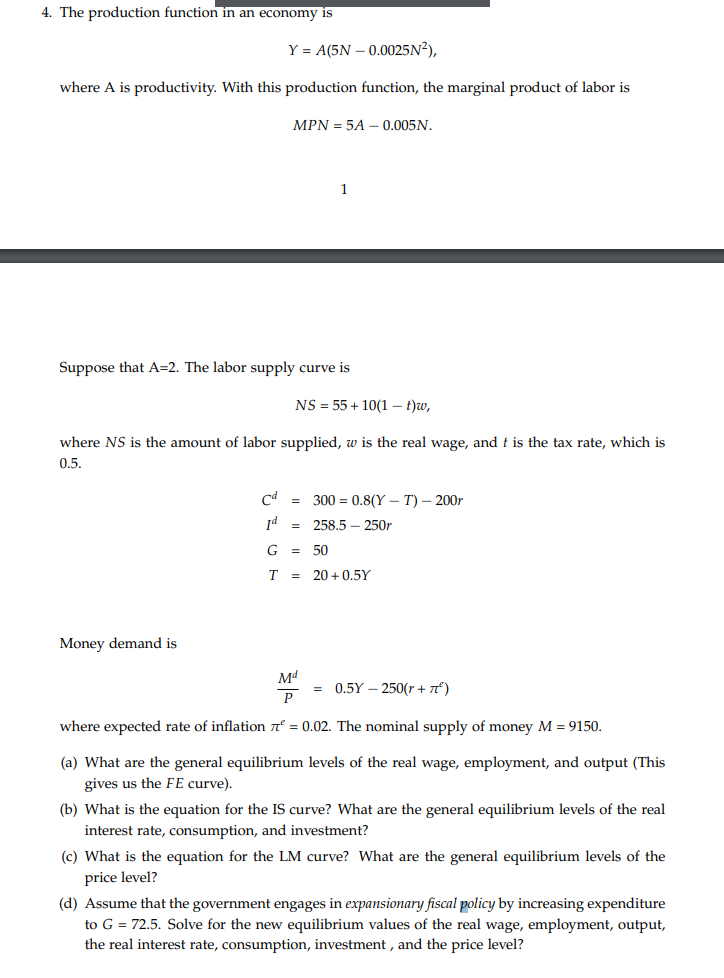 Solved The production function in an economy | Chegg.com