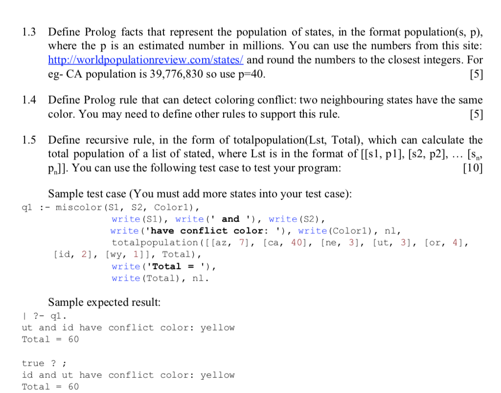 1.3 Define Prolog facts that represent the population | Chegg.com