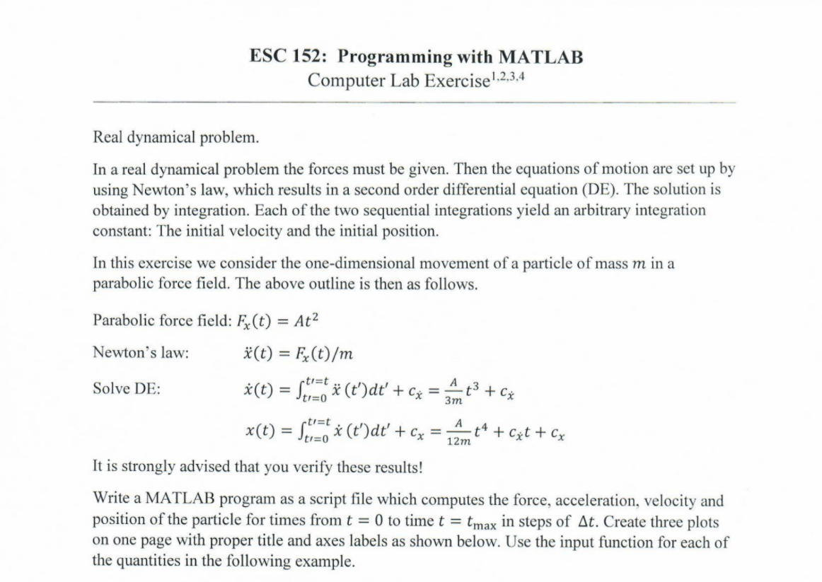 Solved ESC 152: Programming with MATLAB Computer Lab | Chegg.com