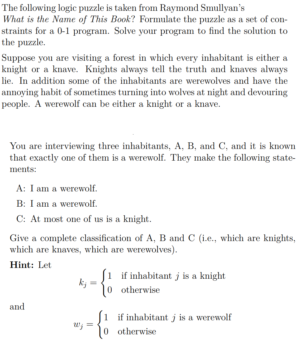 Solved The following logic puzzle is taken from Raymond | Chegg.com