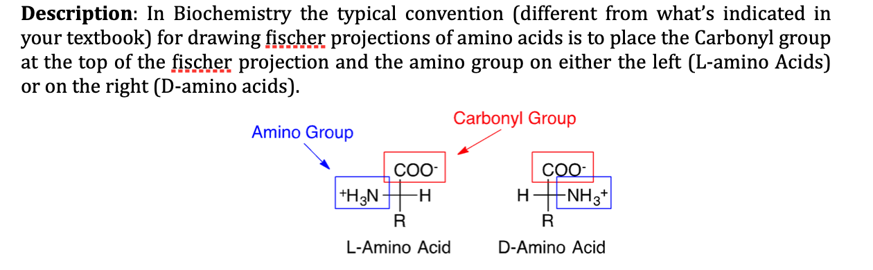 Description: In Biochemistry the typical convention (different from whats indicated in your textbook) for drawing fischer pr