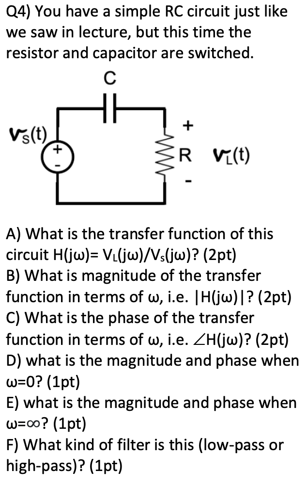 Q4) You have a simple RC circuit just like we saw in lecture, but this time the resistor and capacitor are switched.
A) What