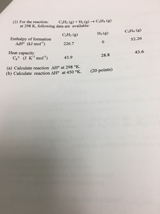 Solved 2 For the reaction C2H2 g H2 g C2H4 g at