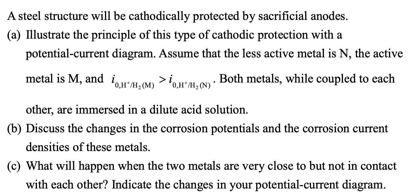 A steel structure will be cathodically protected by sacrificial anodes.
(a) Illustrate the principle of this type of cathodic