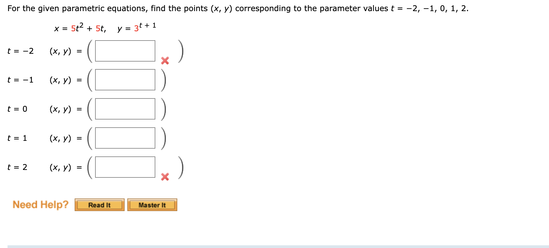 For the given parametric equations, find the points \( (x, y) \) corresponding to the parameter values \( t=-2,-1,0,1,2 \). \