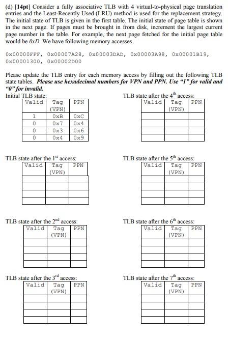 (d) [14pt] Consider a fully associative TLB with 4 virtual-to-physical page translation entries and the Least-Recently Used (