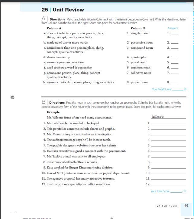 Solved Answers 1 2. 3. 25 Unit Review A Directions Match | Chegg.com