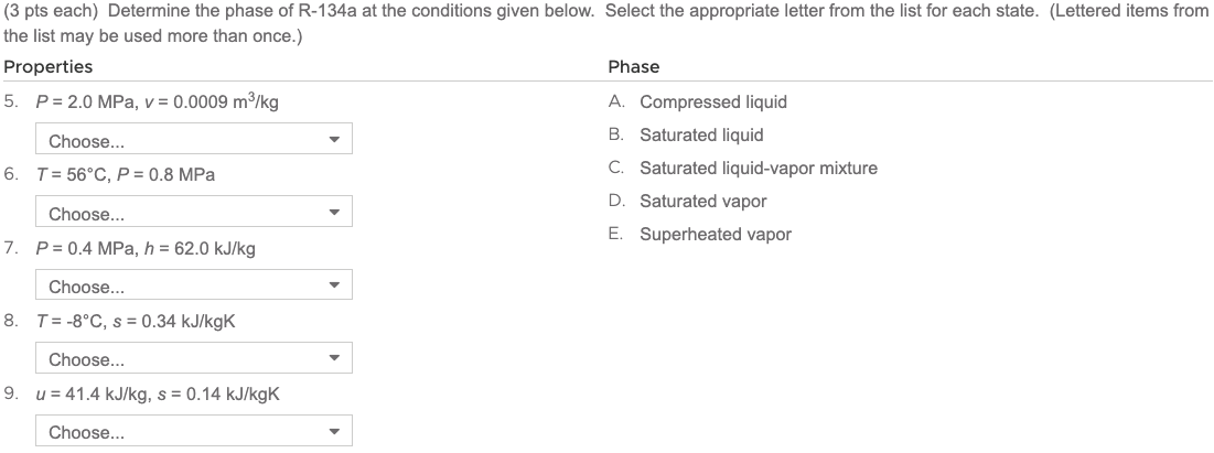 Solved (3 pts each) Determine the phase of R-134a at the | Chegg.com