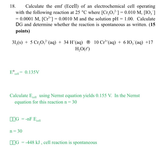 Solved 18. Calculate the emf (Ecell) of an electrochemical