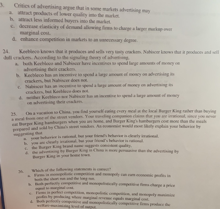 Solved 3. Critics of advertising argue that in some markets | Chegg.com
