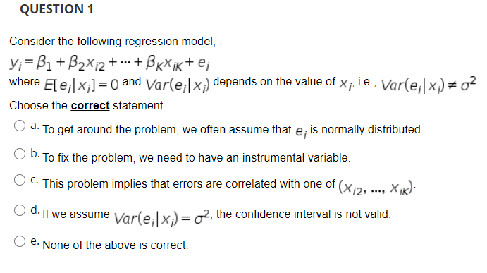 Solved QUESTION 1 Consider The Following Regression Model, | Chegg.com