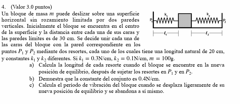 4. (Valor 3.0 puntos) Un bloque de masa \( m \) puede deslizar sobre una superficie horizontal sin rozamiento limitada por do