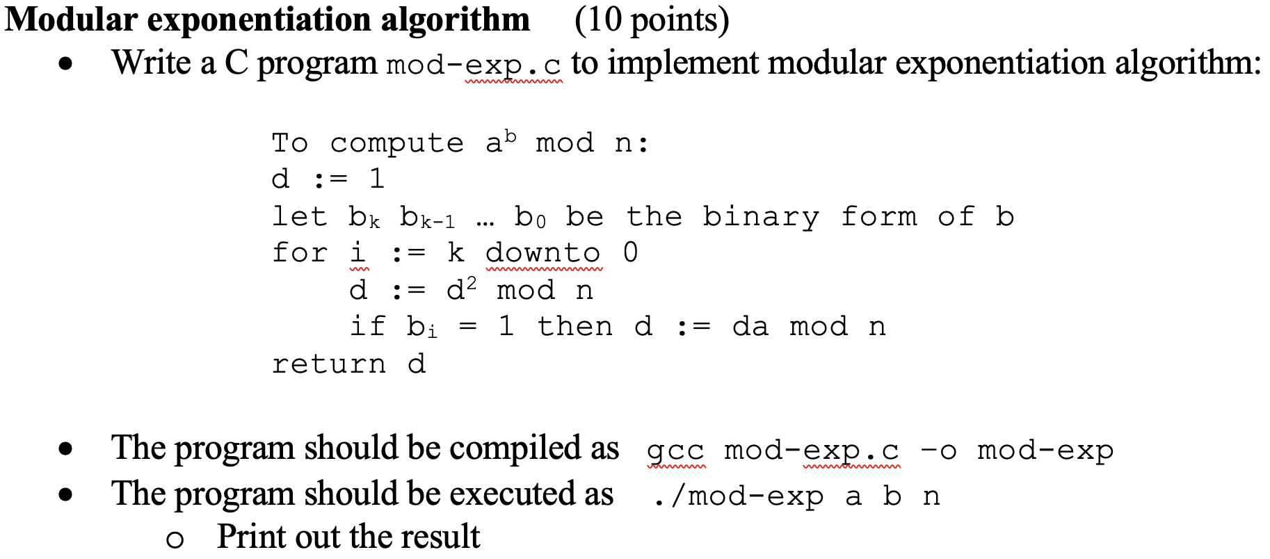 Solved Modular Exponentiation Algorithm (10 Points) Write A | Chegg.com