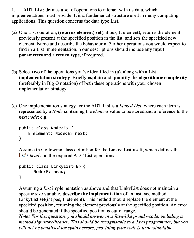 Solved 1. ADT List: Defines A Set Of Operations To Interact | Chegg.com
