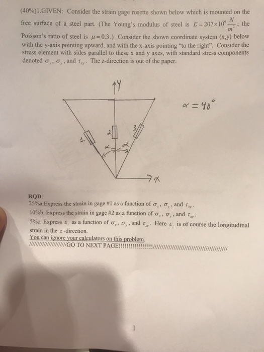 Solved (40%) 1,GIVEN: Consider the strain gage rosette shown | Chegg.com