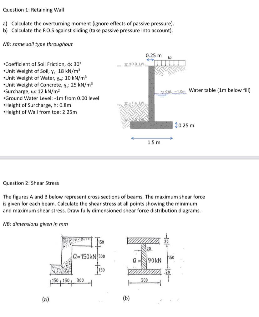 Solved Question 1: Retaining Wall a) Calculate the | Chegg.com