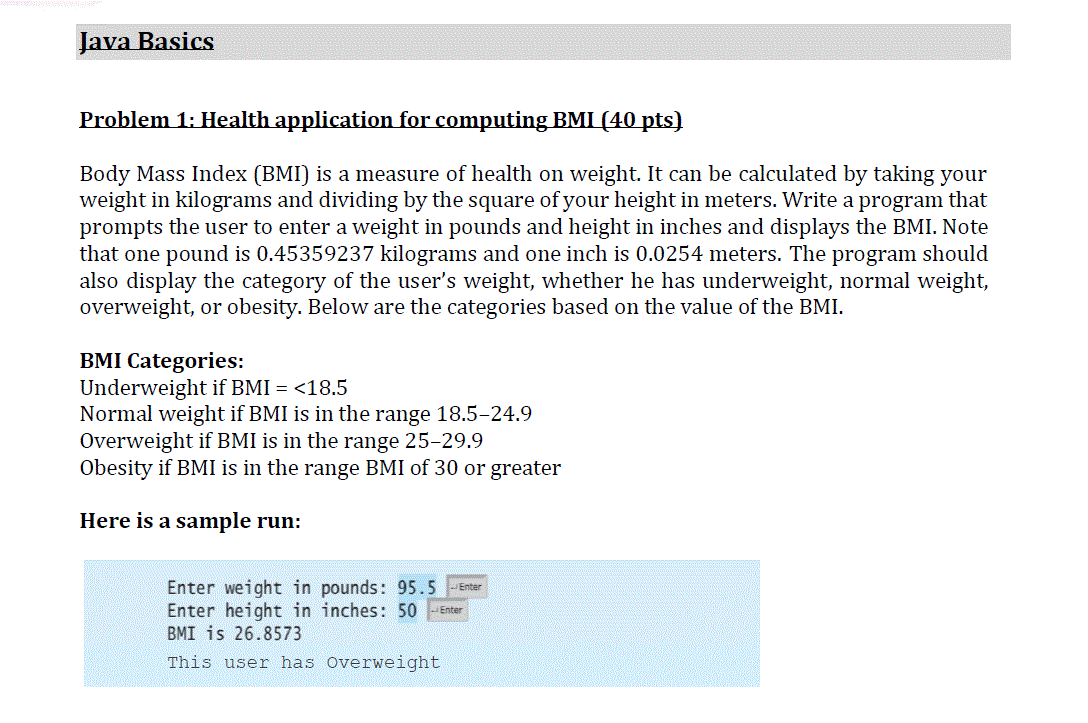 Solved Java Basics Problem 1: Health application for | Chegg.com