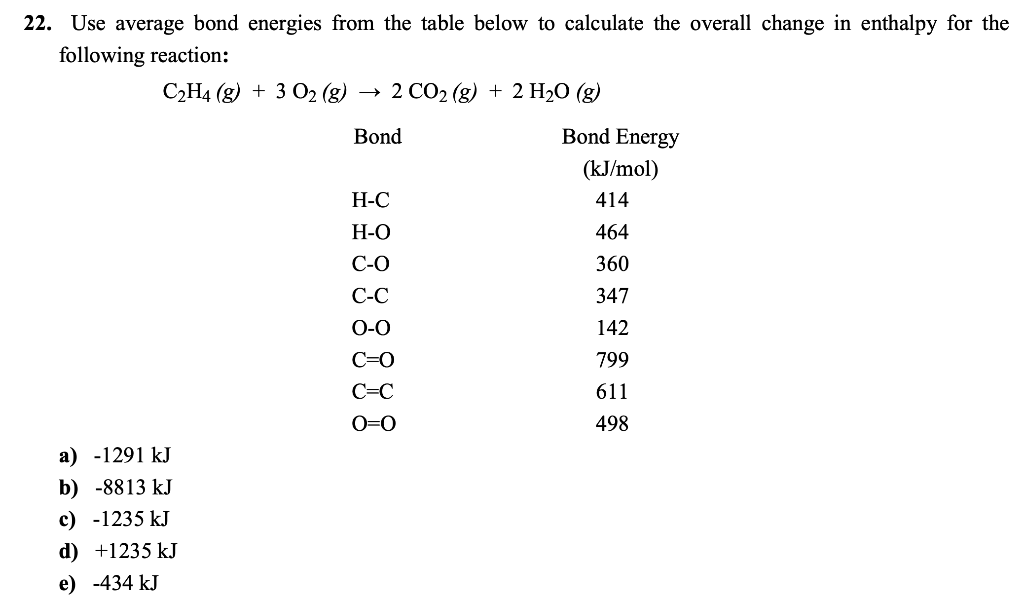 Solved 22. Use average bond energies from the table below to