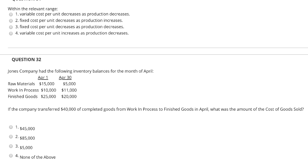 Solved Within the relevant range O 1. variable cost per