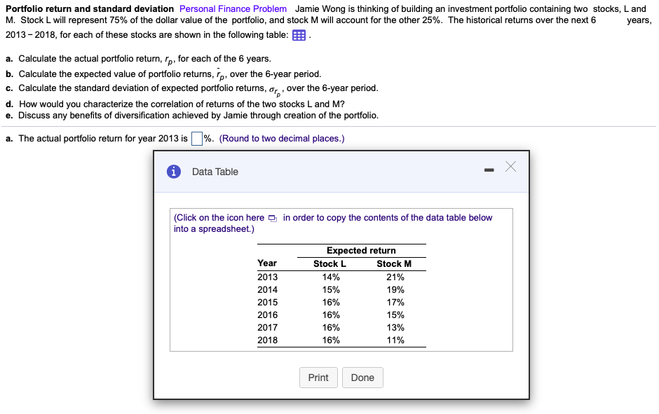 Solved Portfolio Return And Standard Deviation Personal 