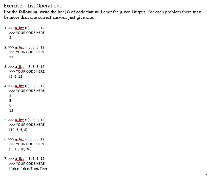 Solved Exercise - List Operations For the following, write | Chegg.com