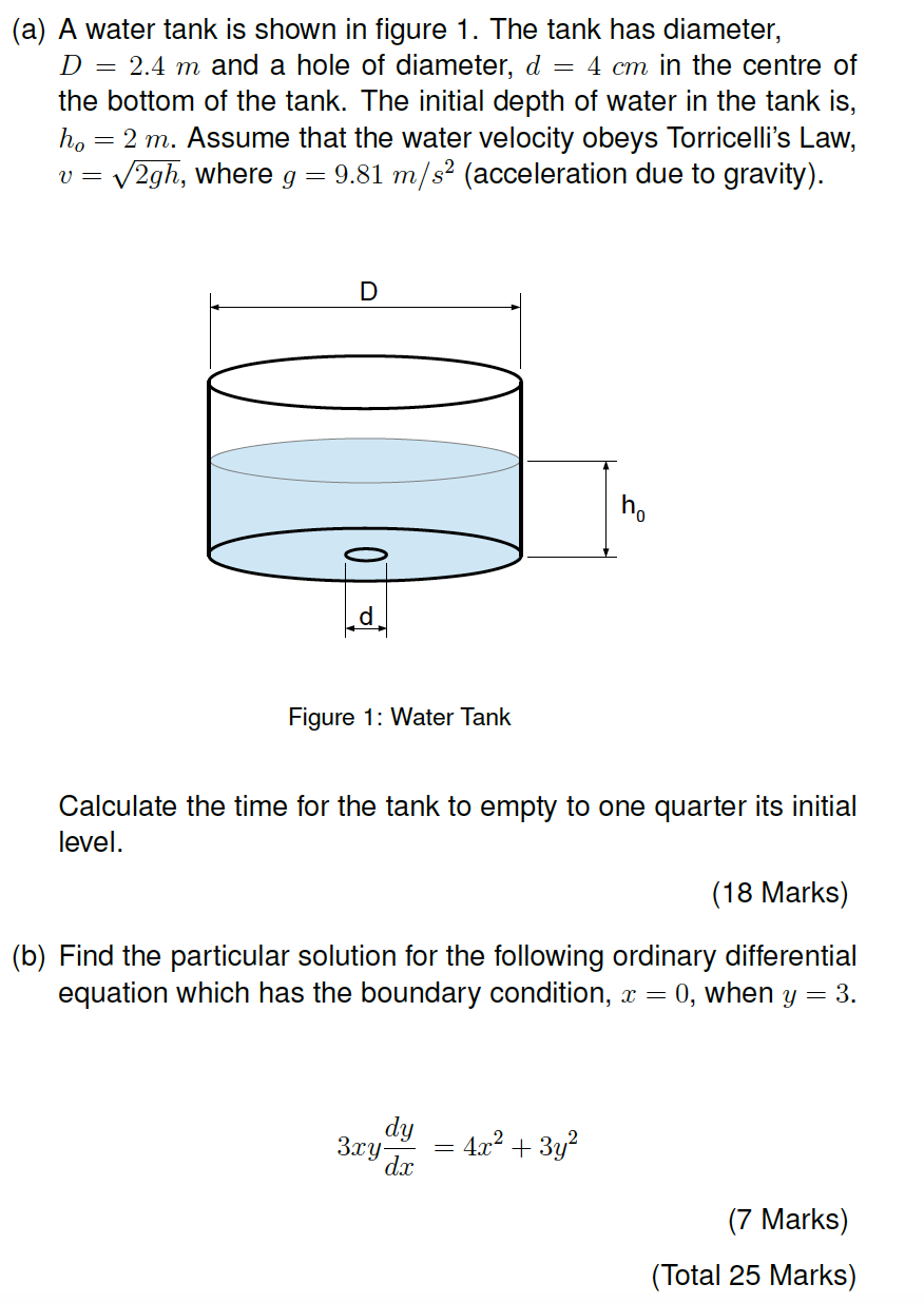 Solved (a) A water tank is shown in figure 1. The tank has