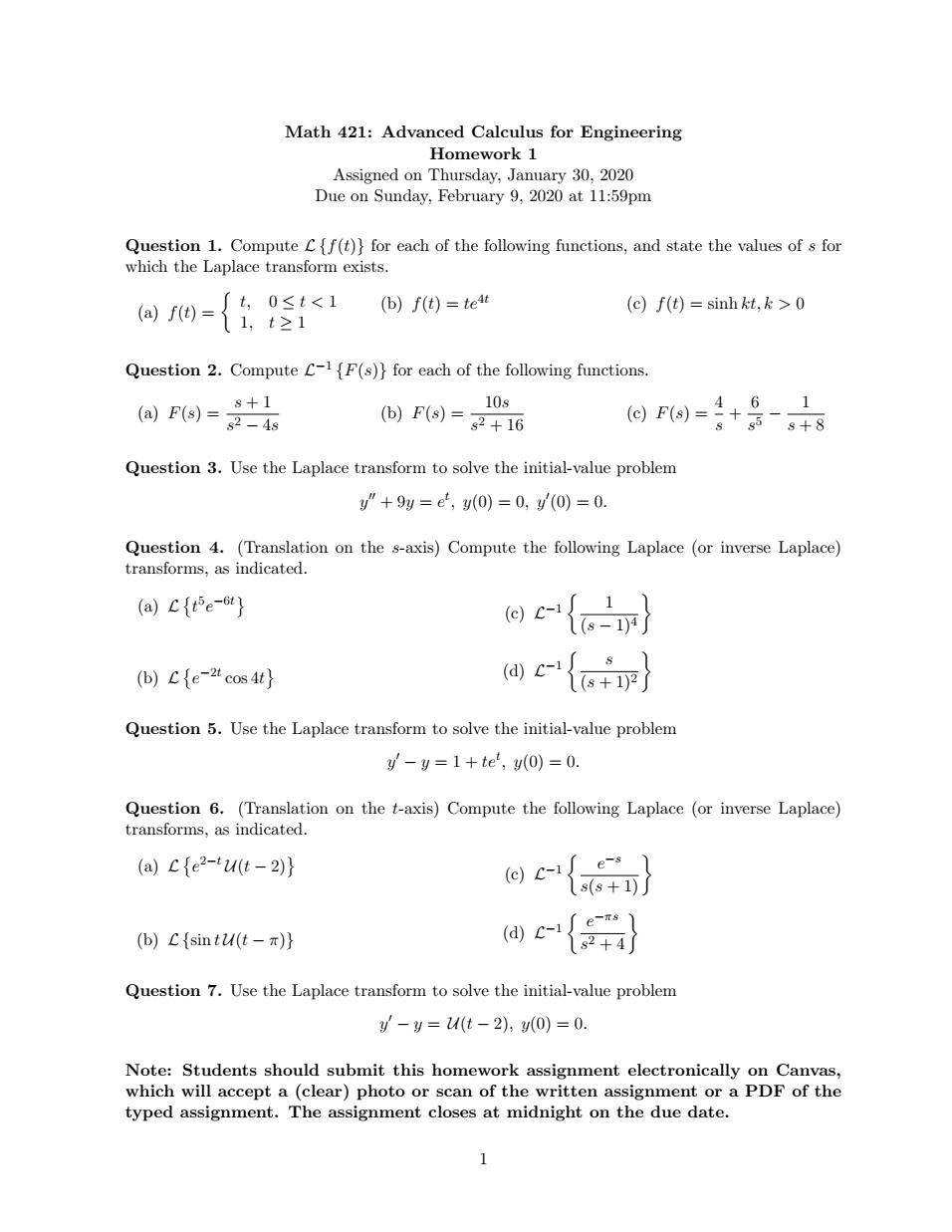 Solved Math 421: Advanced Calculus For Engineering Homework | Chegg.com