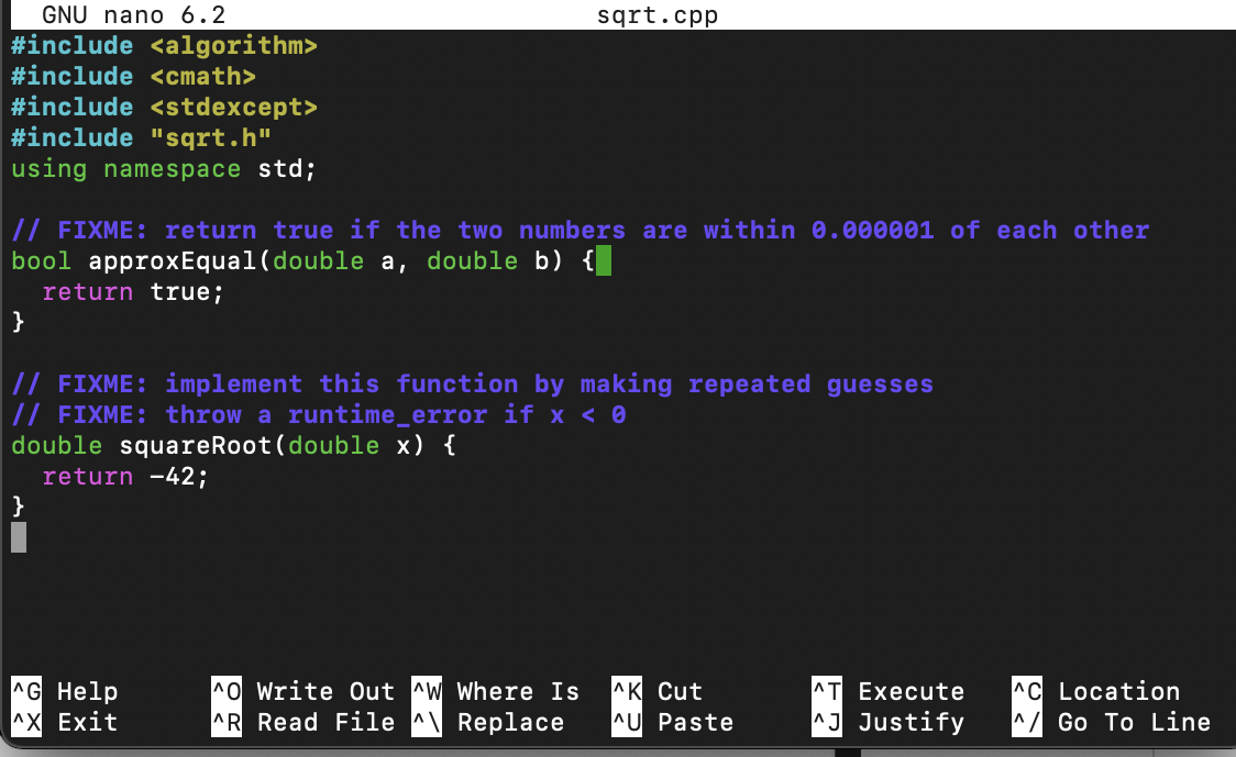 Solved GNU nano 6.2 Makefile sqrtTest: sqrtTest.o sqrt.o | Chegg.com