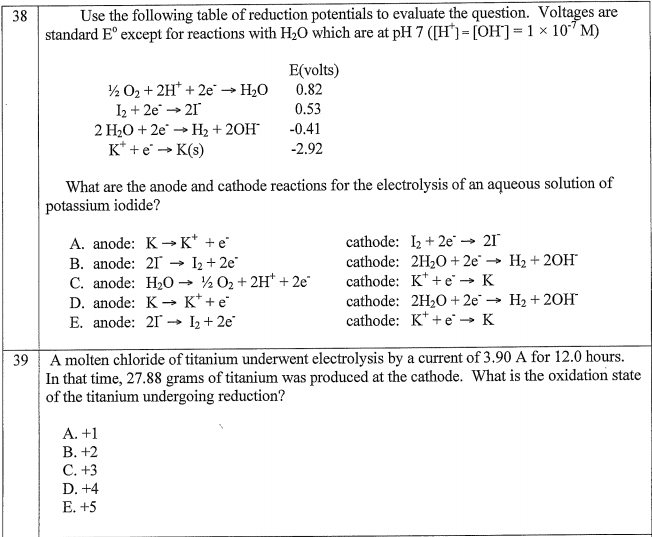 Solved 38 Use the following table of reduction potentials to | Chegg.com