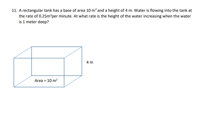 Solved 11. A rectangular tank has a base of area 10 m’and a | Chegg.com