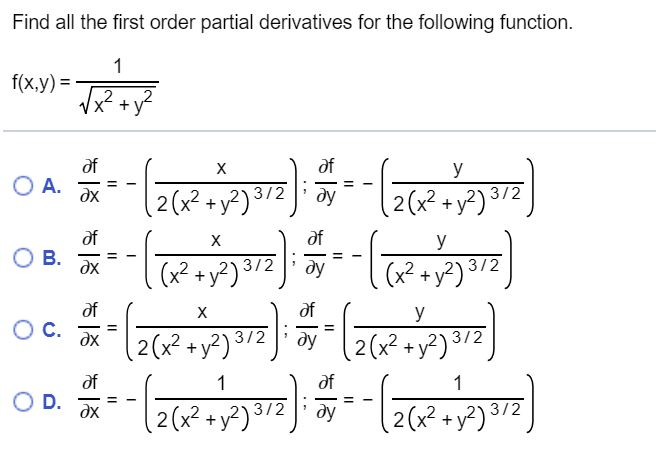 Solved Find all the first order partial derivatives for the | Chegg.com