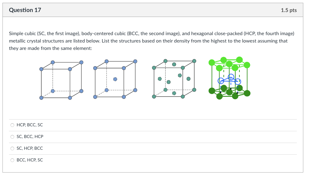 Solved Question 17 1.5 pts Simple cubic (SC, the first | Chegg.com
