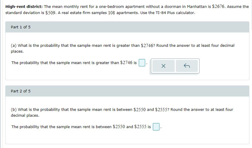 Solved Highrent district The mean monthly rent for a
