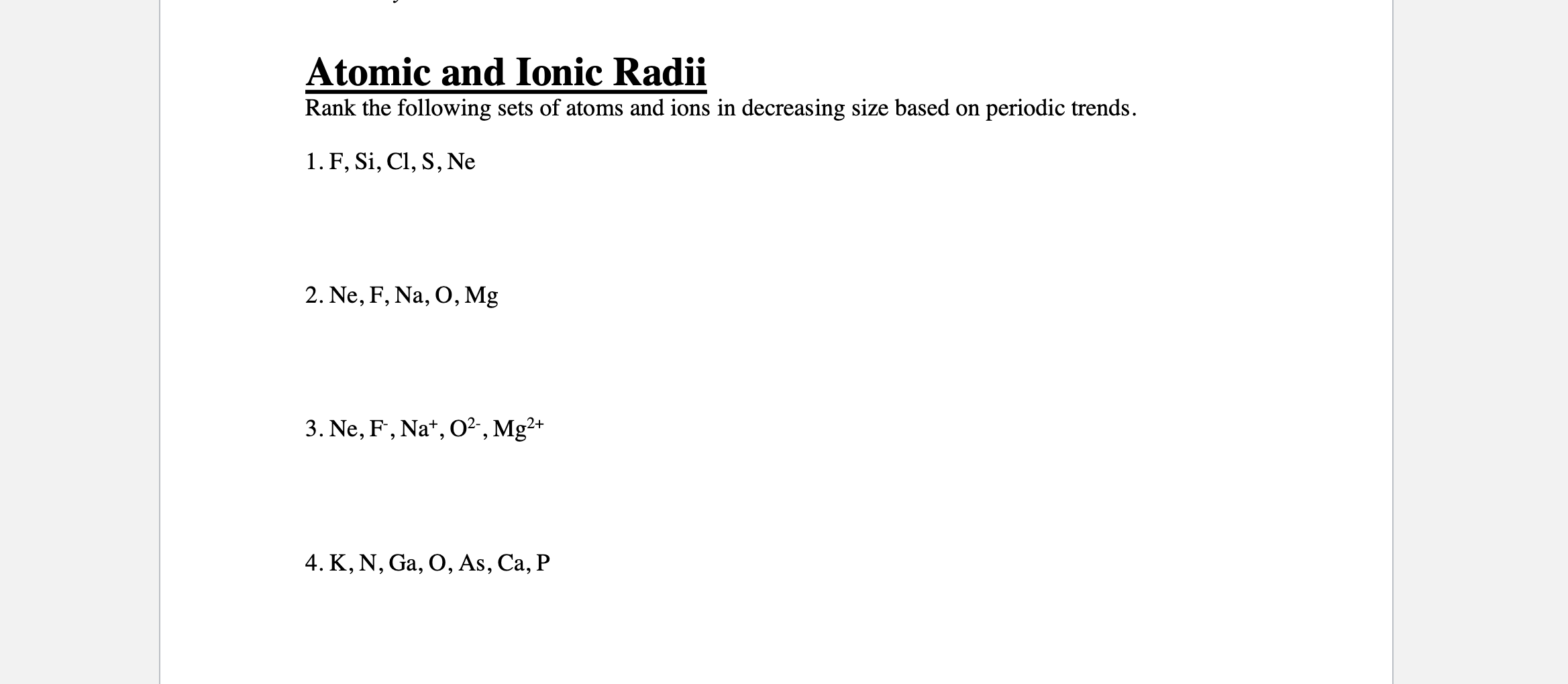 Solved Atomic and Ionic Radii Rank the following sets of | Chegg.com